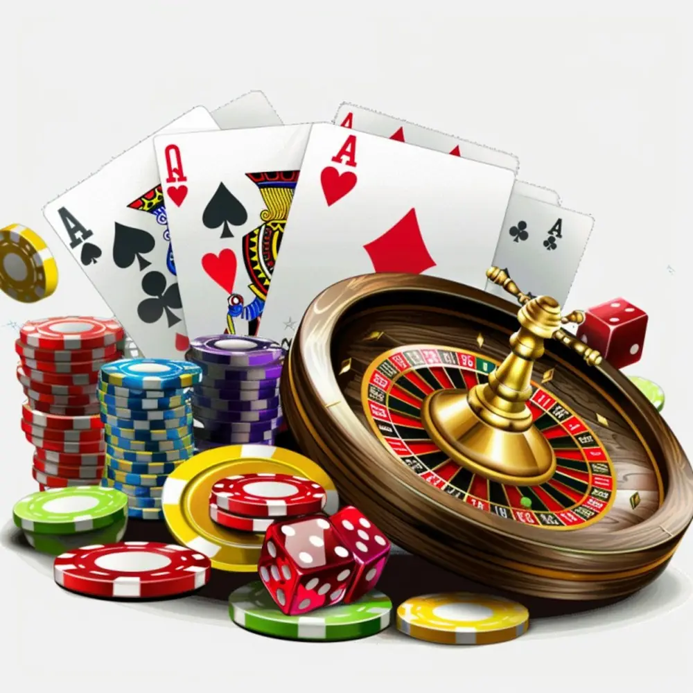 Kartu remi, chip, dan roda roulette tersusun di atas meja kasino